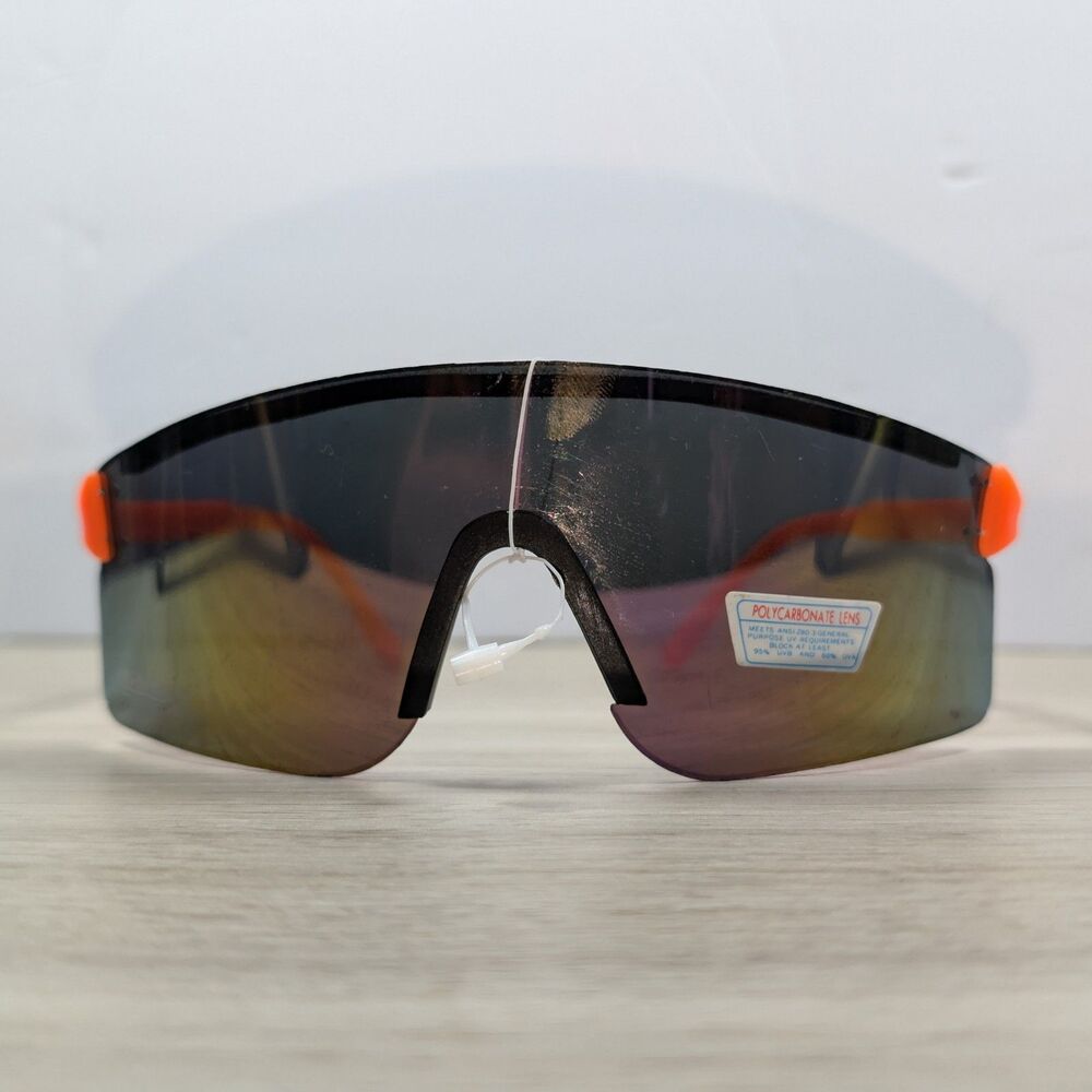 Retro Shield Sunglasses Neon Orange Wrap Mirrored Lens Sport UV